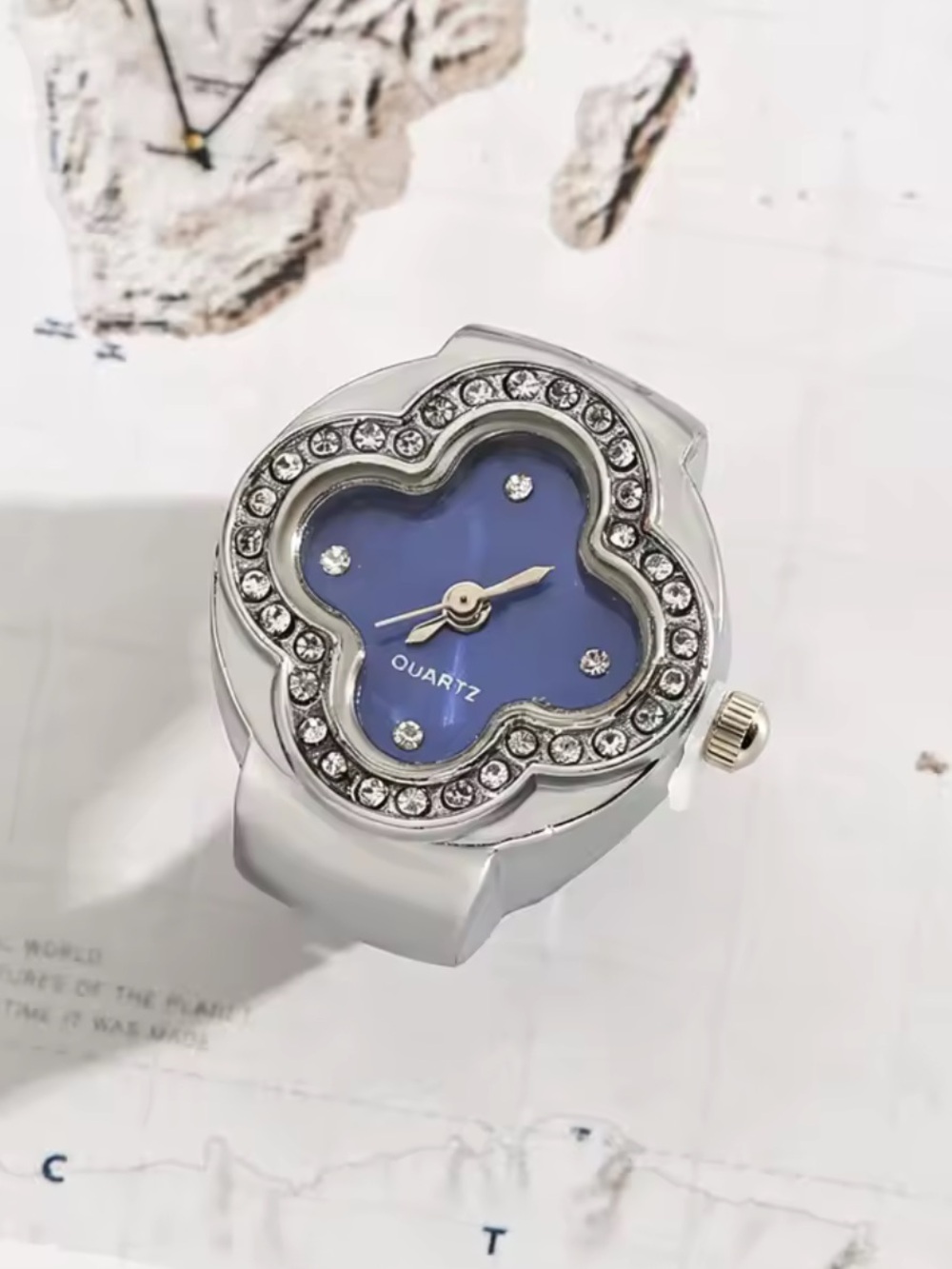 Silver-Tone Floral Crystal Accent Blue Quartz Ring Watch